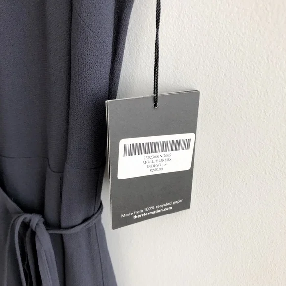reformation • mollie blue indigo gray cap sleeve tie wrap midi fit flare dress - Picture 6 of 8
